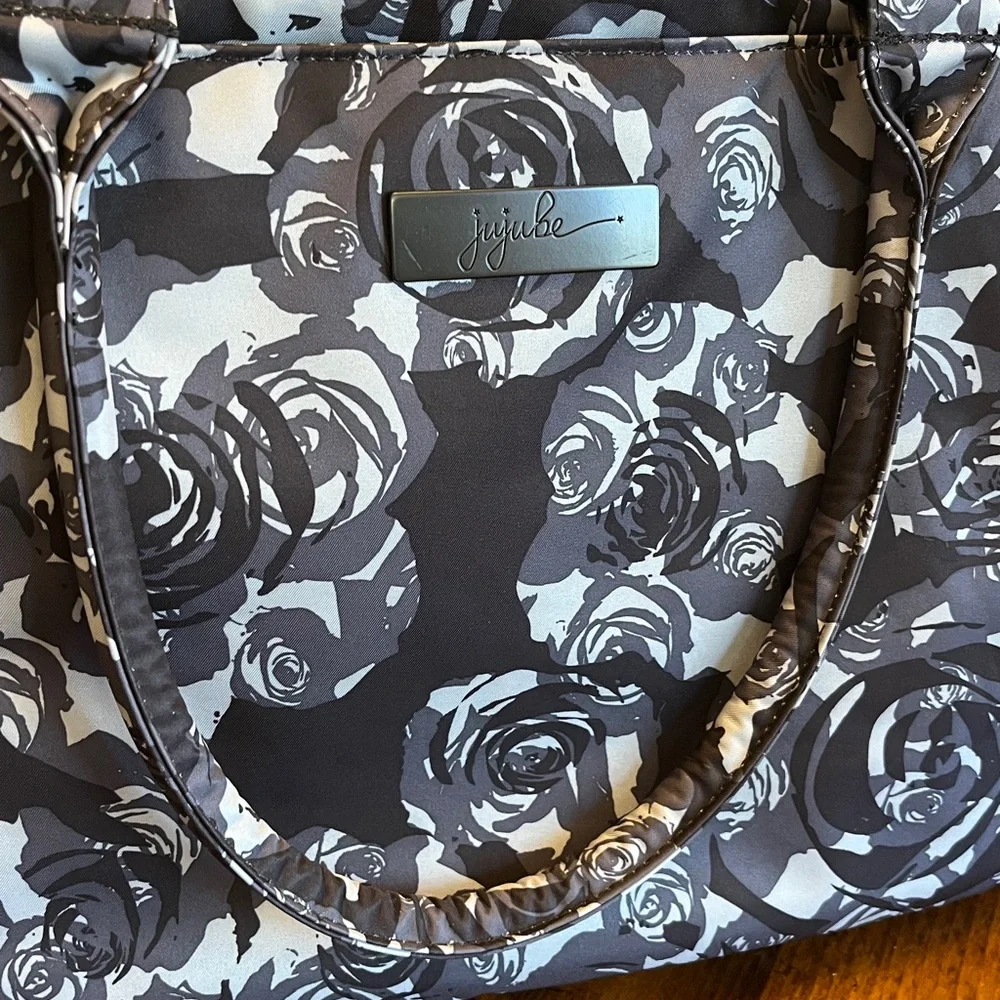 Jujube Be Classy Tote Diaper Bag, Black Petals Grey Floral Pockets, Changing Pad